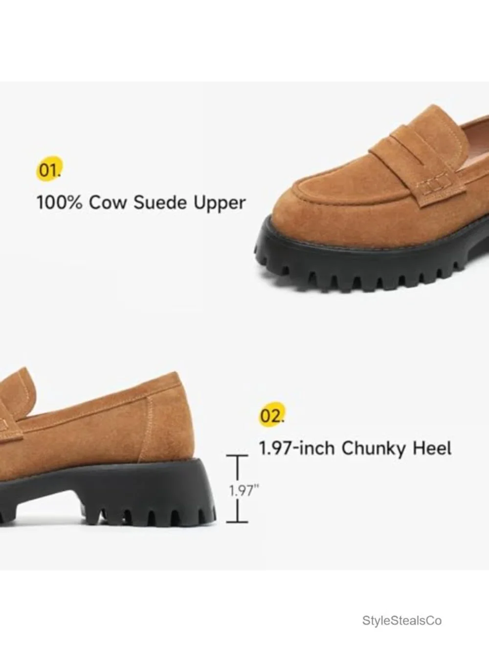 Women's Genuine Suede Loafers, Platform Chunky Penny Loafers, Lug Sole Slip On